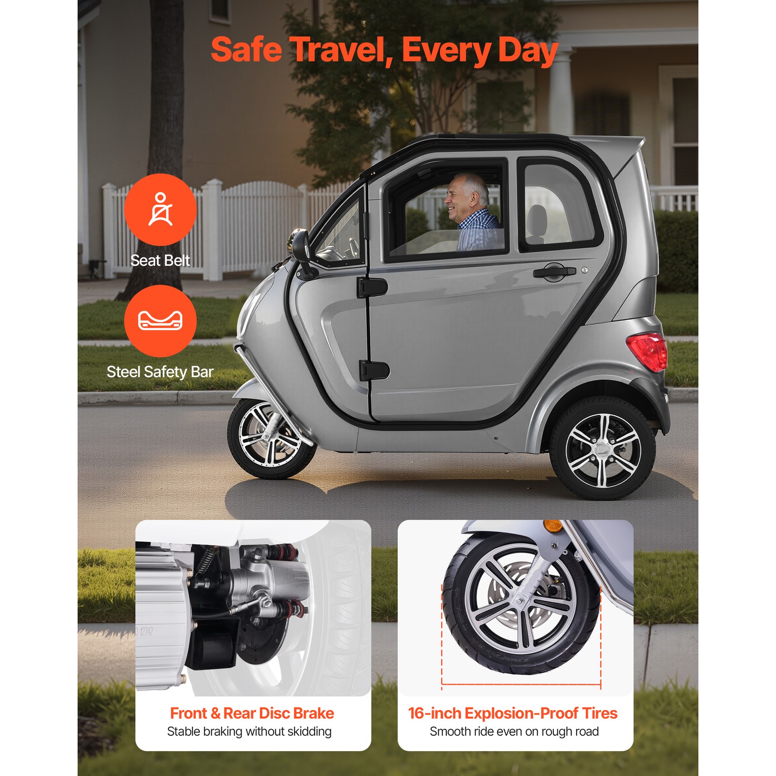 Uimoso 3-Wheel Enclosed Mobility Scooter for Seniors, 650lbs, 3-Passenger