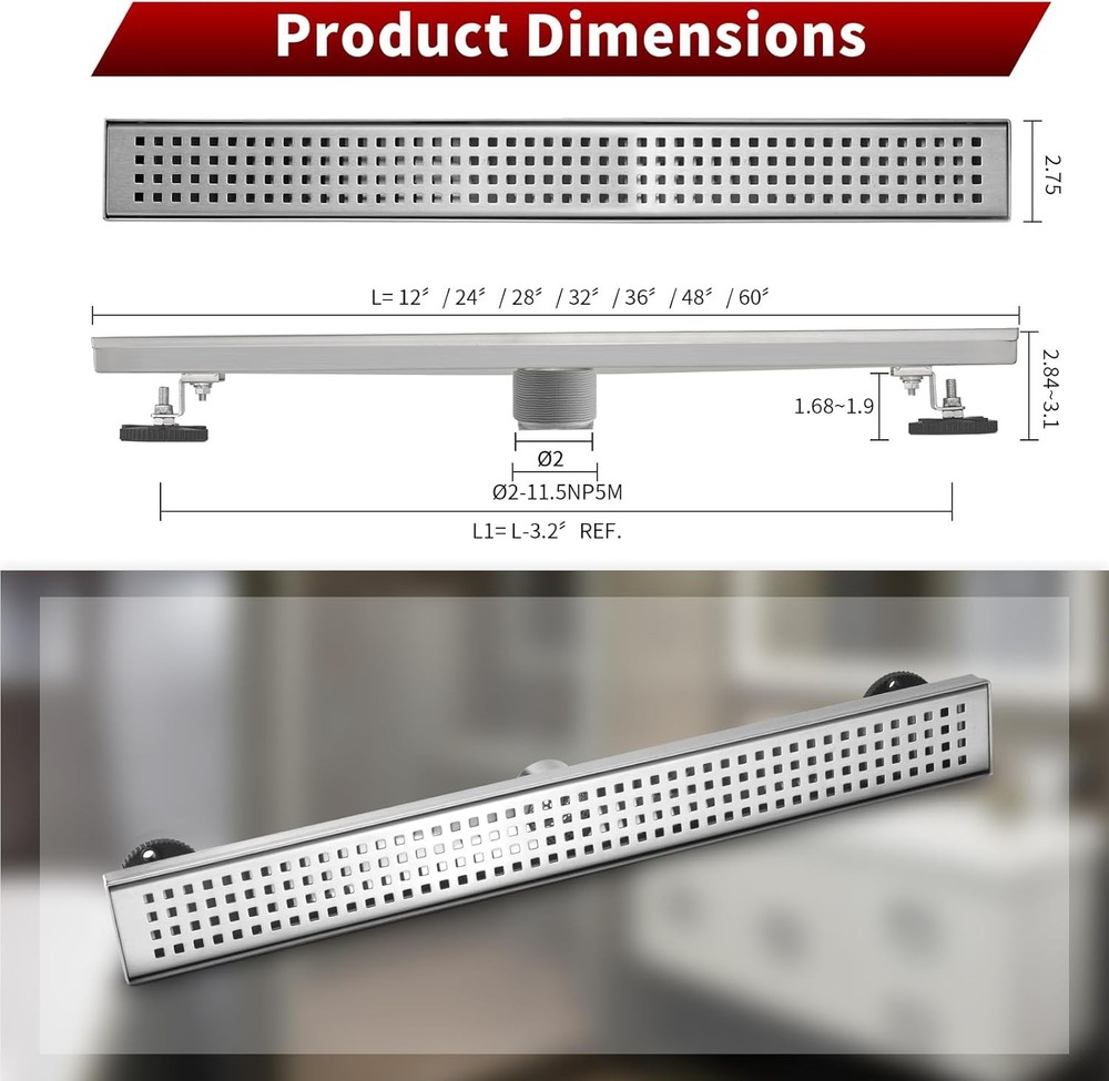 Sharp-tec 32 inch Linear Shower Drain, Brushed Rectangular Floor Drain, V-Shape