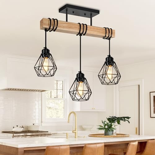 Farmhouse Dining Room Pendant Light Fixtures Over Table, Rustic Solid 3-Lights