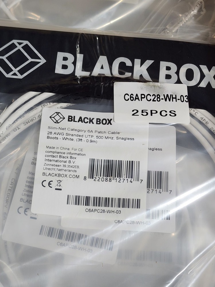 100 Pack 3ft White Black Box Slim-Net Cat 6A Patch Cable 28AWG UTP Snagless