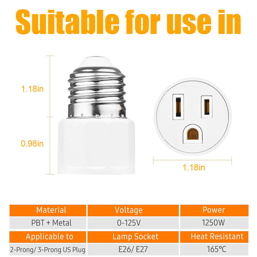 2 Pack E26/E27 2/3 Prong Light Socket to Plug Adapter Polarized Screw in Outlet