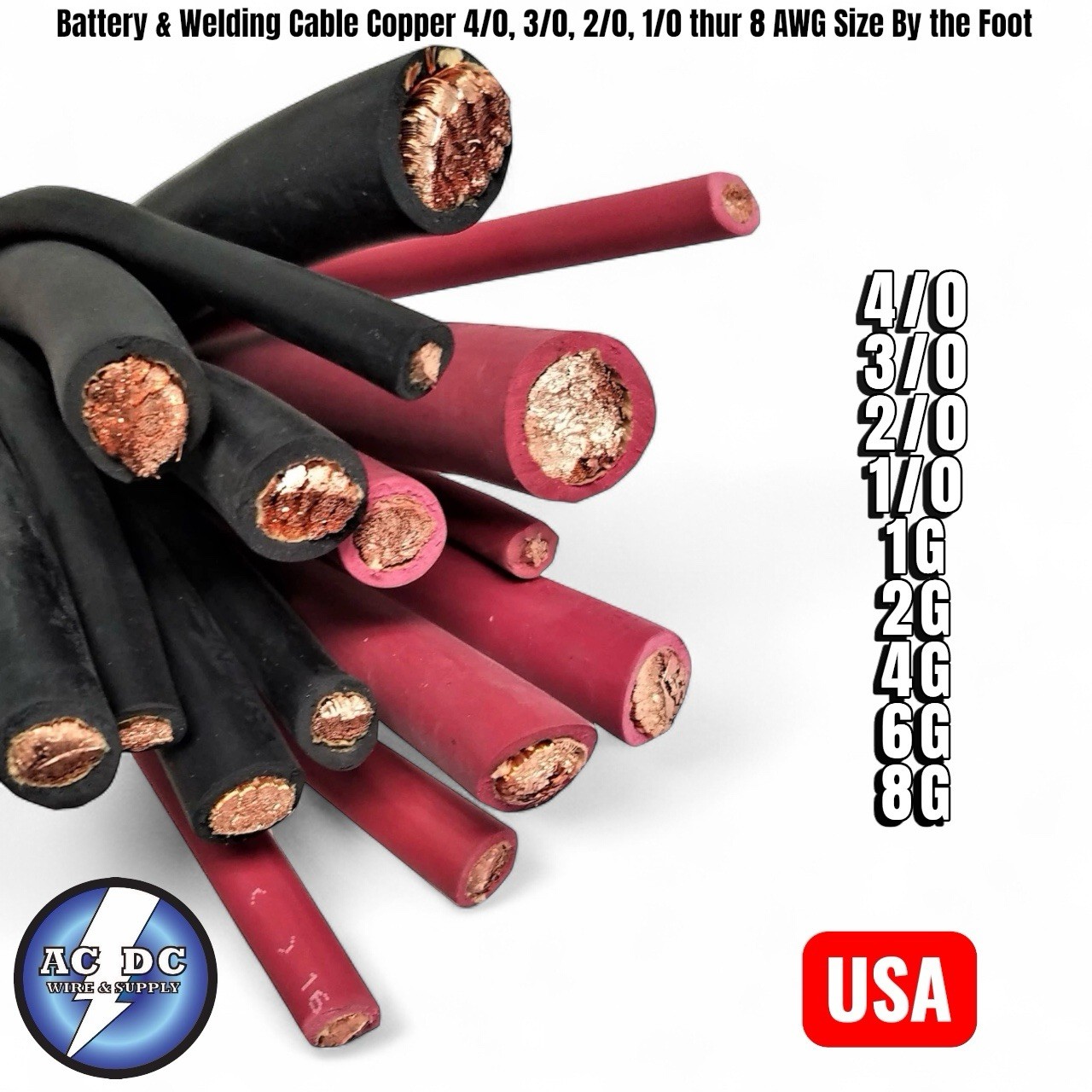 Battery & Welding Cable Copper 4/0, 3/0, 2/0, 1/0 thur 8 AWG Size By the Foot