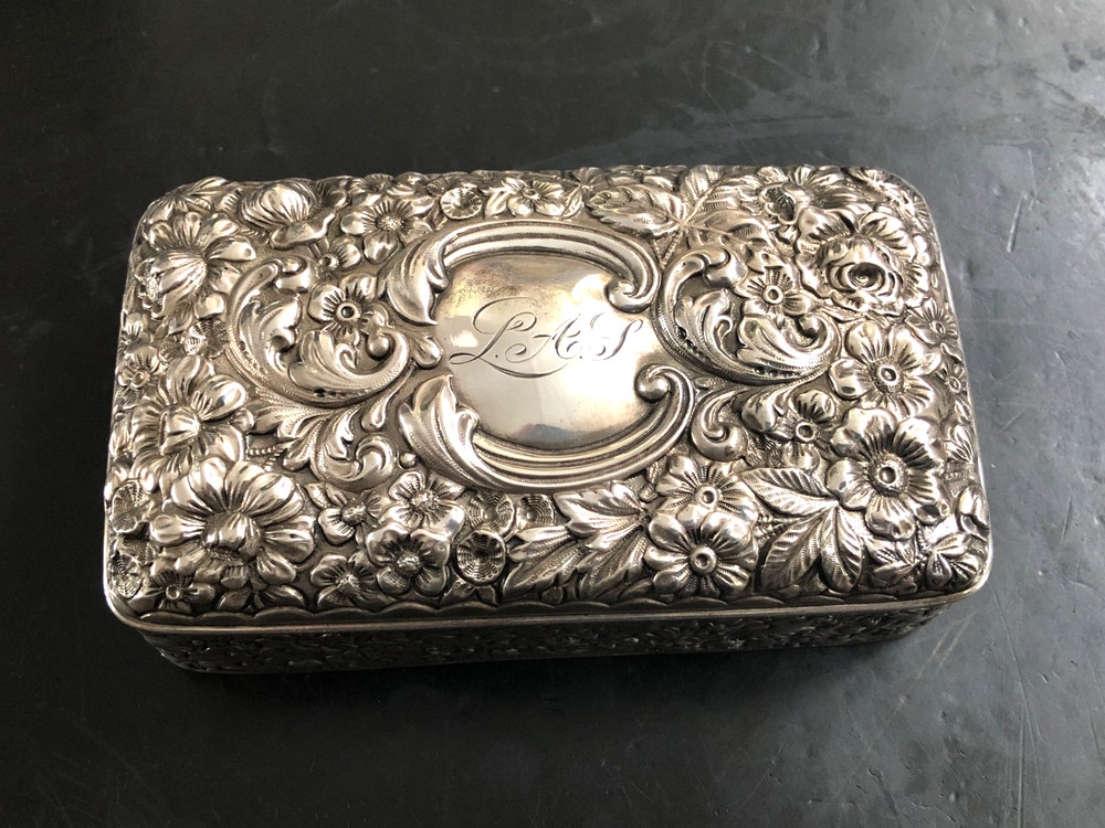 Antique Gorham Cluny Pattern Sterling Silver Rectangular Hinged Box, 177 Grams.