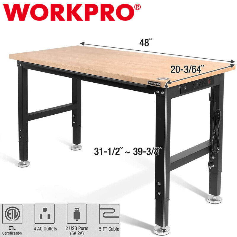WORKPRO 48" Adjustable Workbench HeavyDuty Rubber Wood Work Table Multi-Function