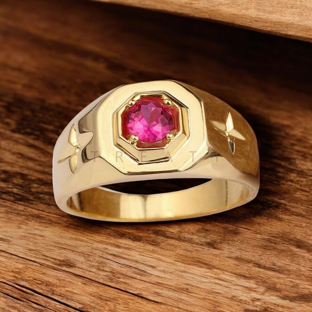 Ruby Round Cut With 14k Yellow Gold Ring For Men's #A211 #