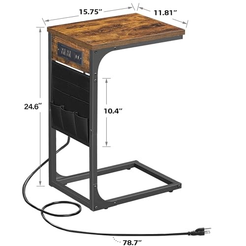 C Shaped End Table with Charging Station, Side Table for Sofa, Couch 2 Brown