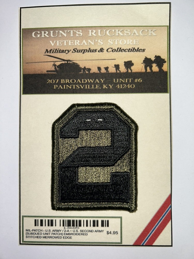 SECOND ARMY / U.S. Army Subdued Patch (Sew-On) Merrowed Edge Unit Patch
