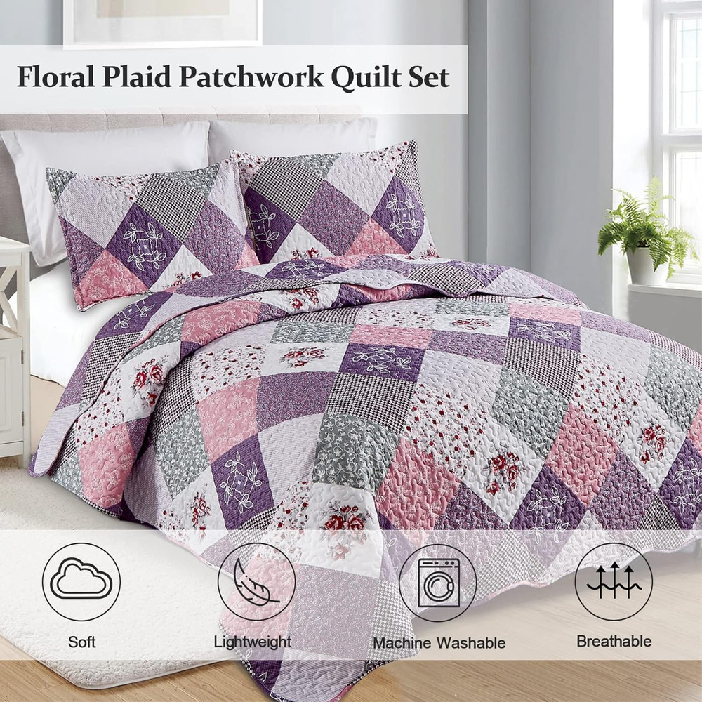 Purple Quilt Set King Size, Reversible Floral Plaid Patchwork Pattern Bedding Se