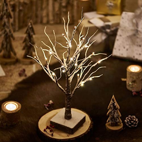 Pre Lit Tabletop Snow Dusted Tree with Timer 24LED 18IN Battery Snow 2 Set