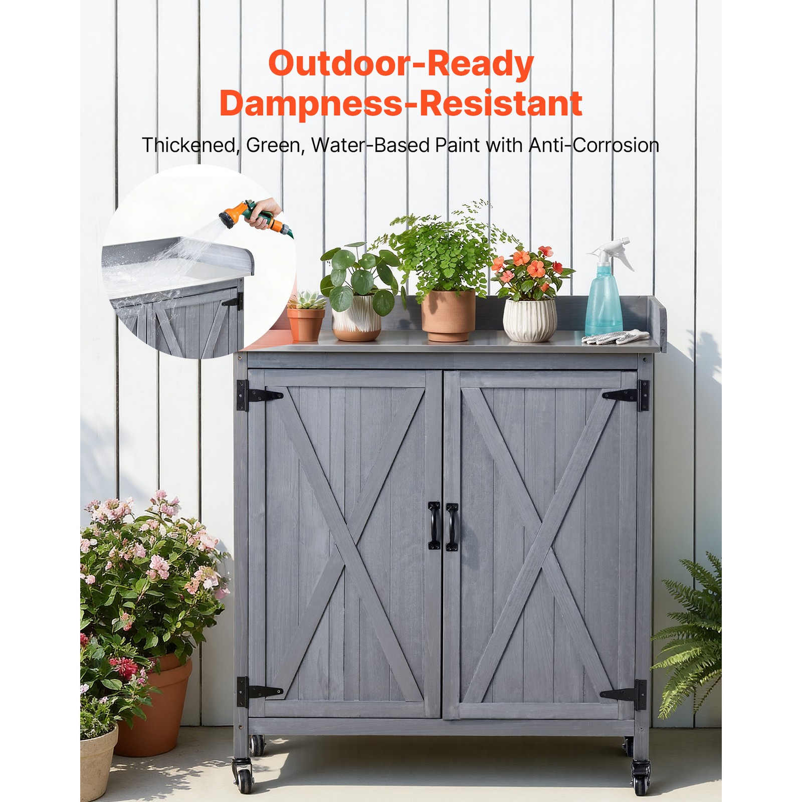 Uimoso Outdoor Wooden Potting Bench with Iron Work Surface and Storage Cabinet