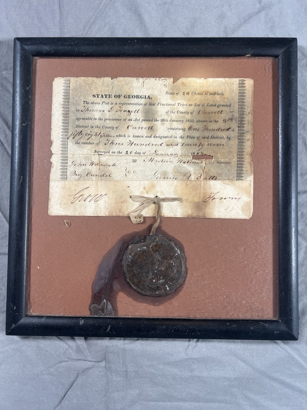 1853 Georgia Land Grant Survey Plat Carroll County Wax Seal Antebellum