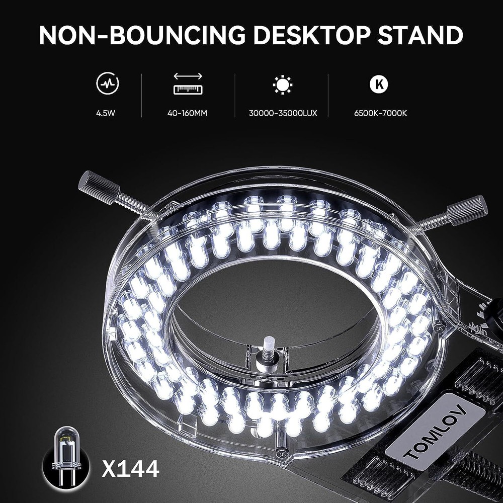 TOMLOV Flexible Arm for Digital Microscope Adjustable Stand + 144 LED Ring Lamp