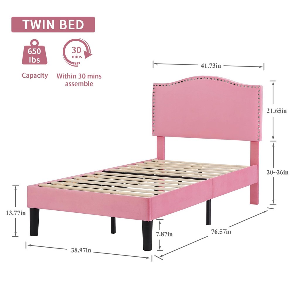 Twin Bed Frame, Platform Bed Frame with Adjustable Height Upholstered Headboa...