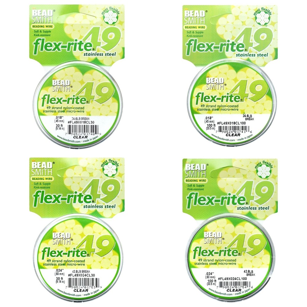 FLEXRITE Clear Beading wire Beadsmith 49 Strand 0.018" 0.024" - 30 ft / 100 ft