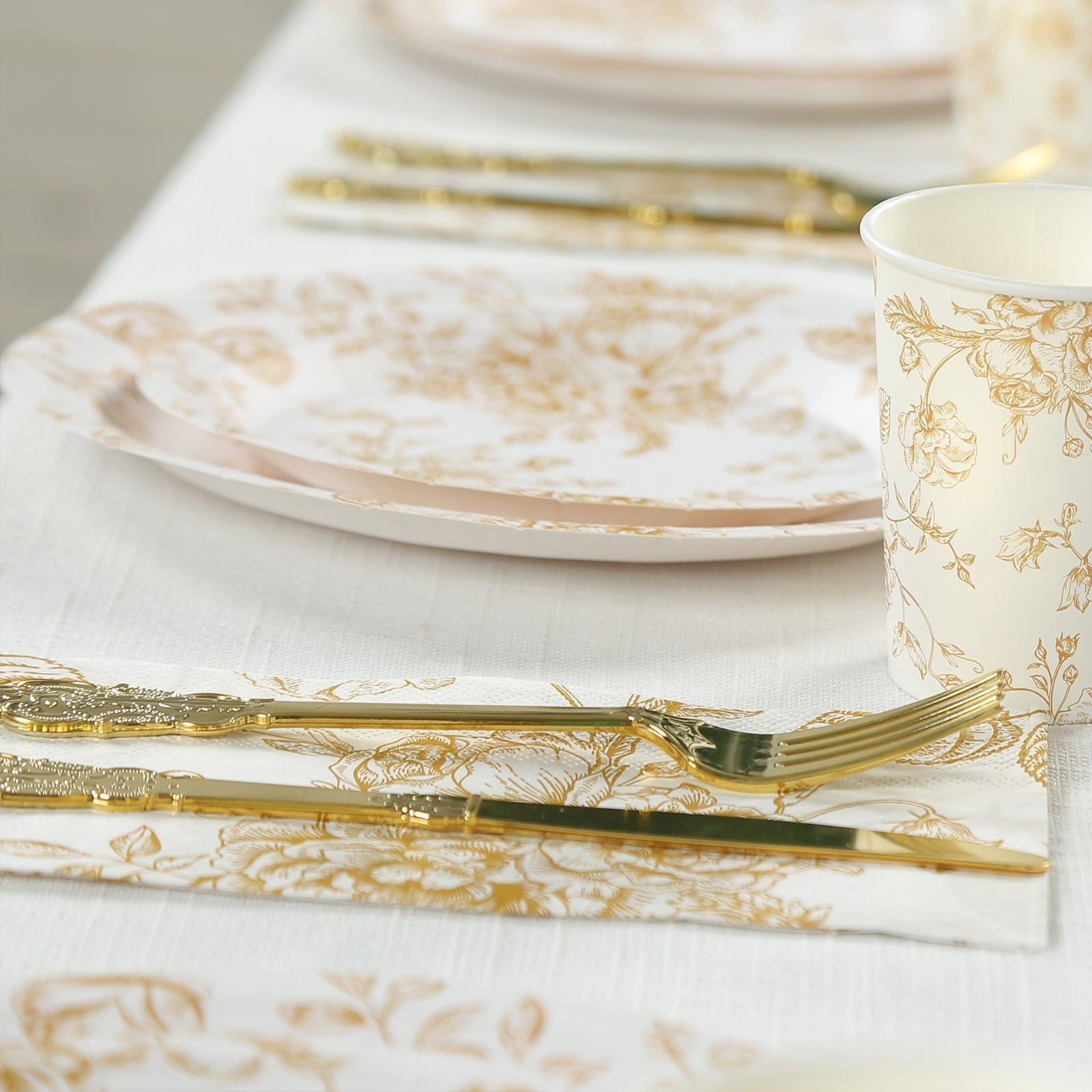50 White with Gold Paper 2-Ply Dinner Napkins in French Toile Floral Pattern