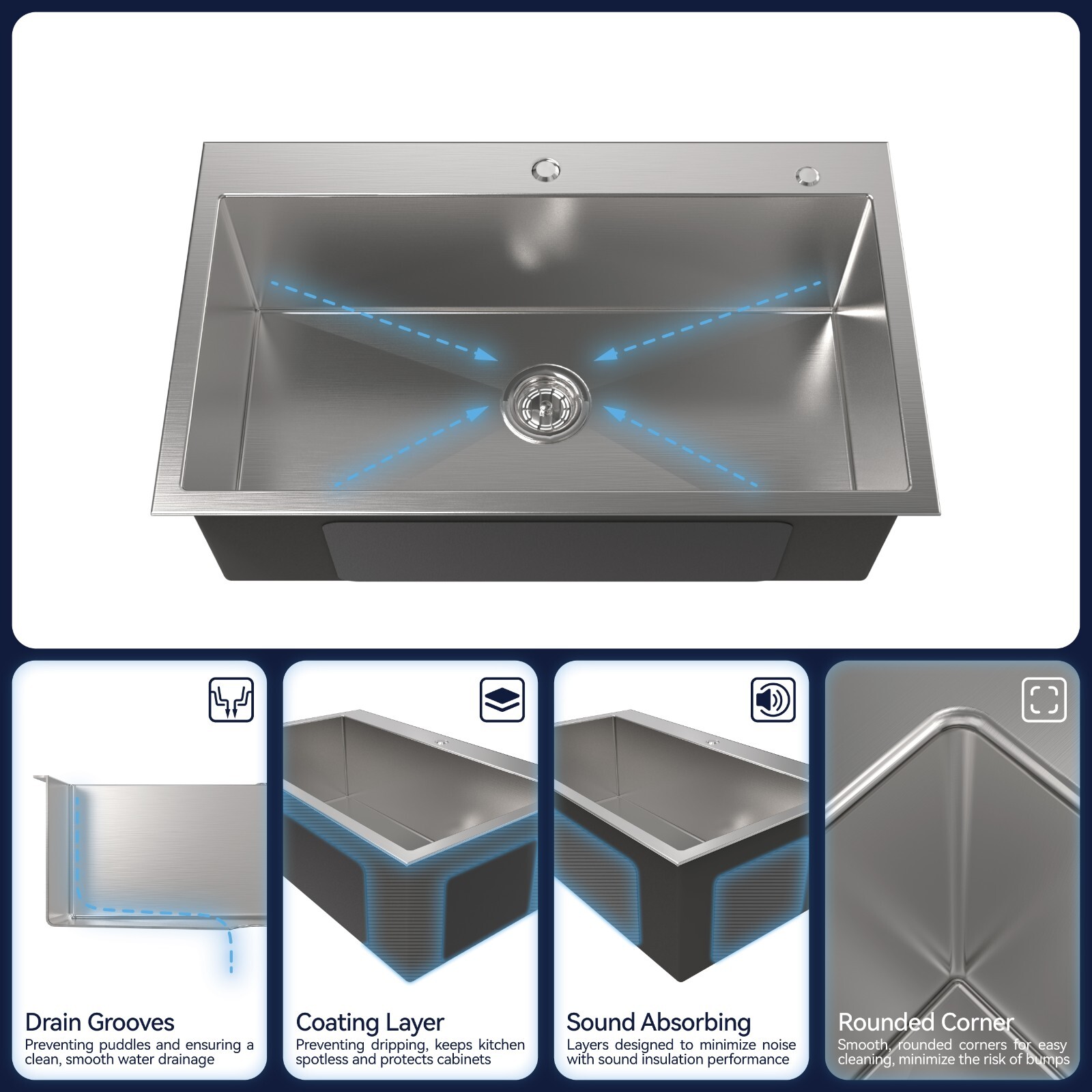 COZY Stainless Steel Kitchen Sink, 32" Single Bowl Brushed Nickel SSBR02