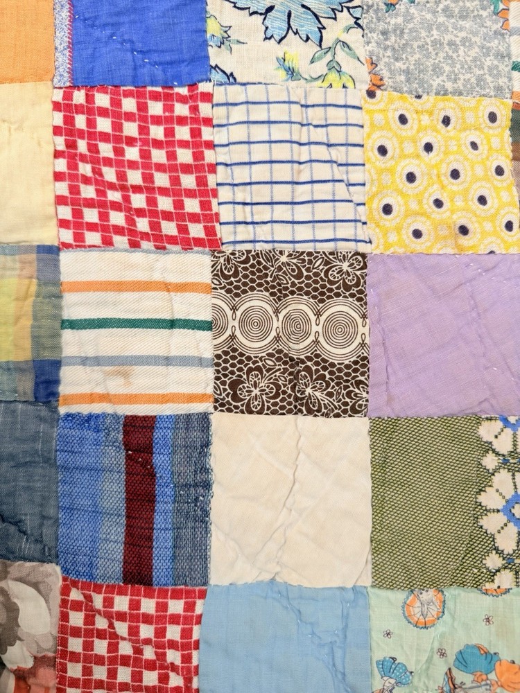 Vintage 80x68 Handmade Patchwork Quilt Scrappy Postage Stamp Primitive Worn
