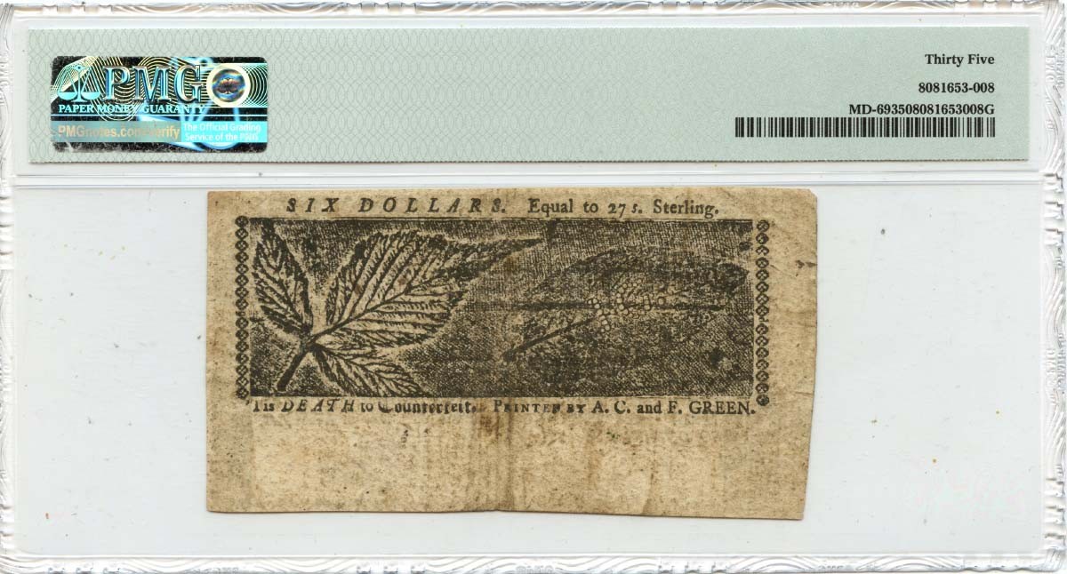 1774 April 10, $6 Maryland Colonial Note FR#MD-69 PMG VF35