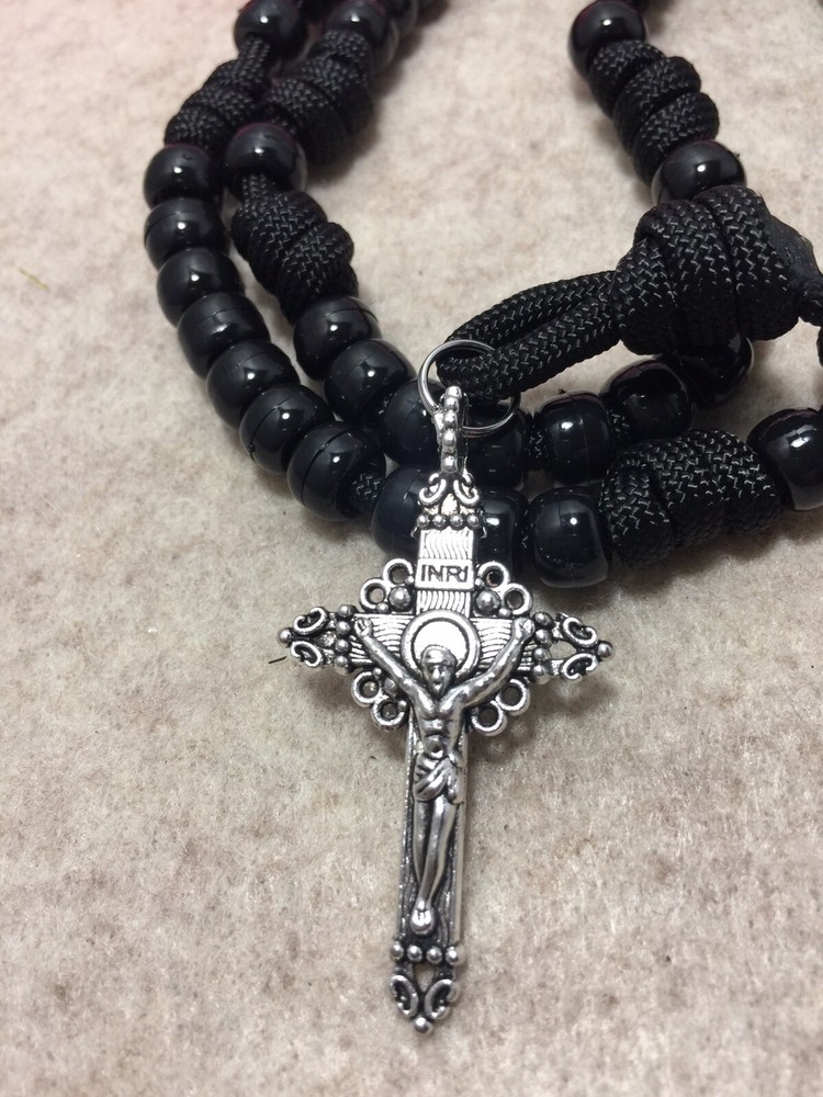 St. Michael Catholic Rosary- Paracord Rosary- Black Beads Rosary - Handmade