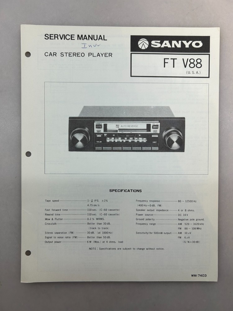 Sanyo FT V88 Original Service Manual Free Shipping