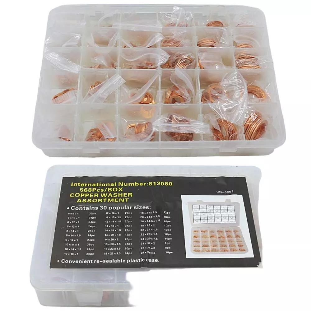 568pcs 30 Sizes Metric Copper Flat Ring Washer Gaskets Assortment Set Kit