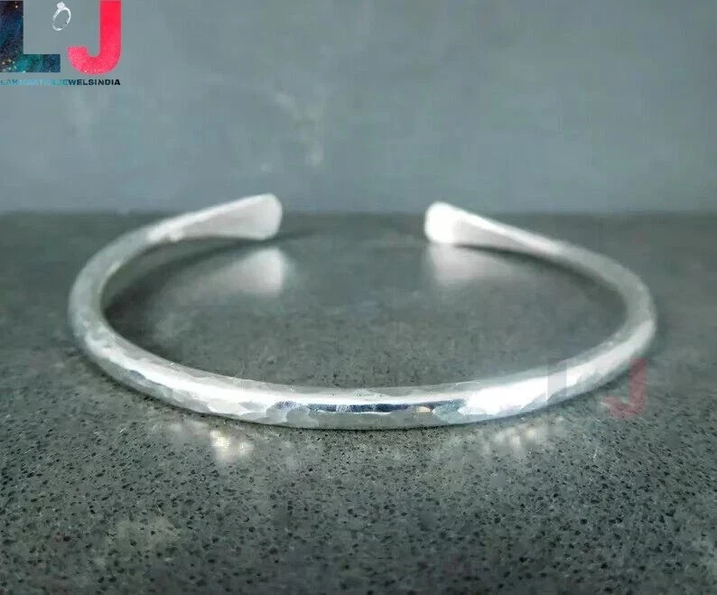 Solid Sterling Silver Cuff Bracelet Hammered Adjustable Bangle 925 Simple Silver