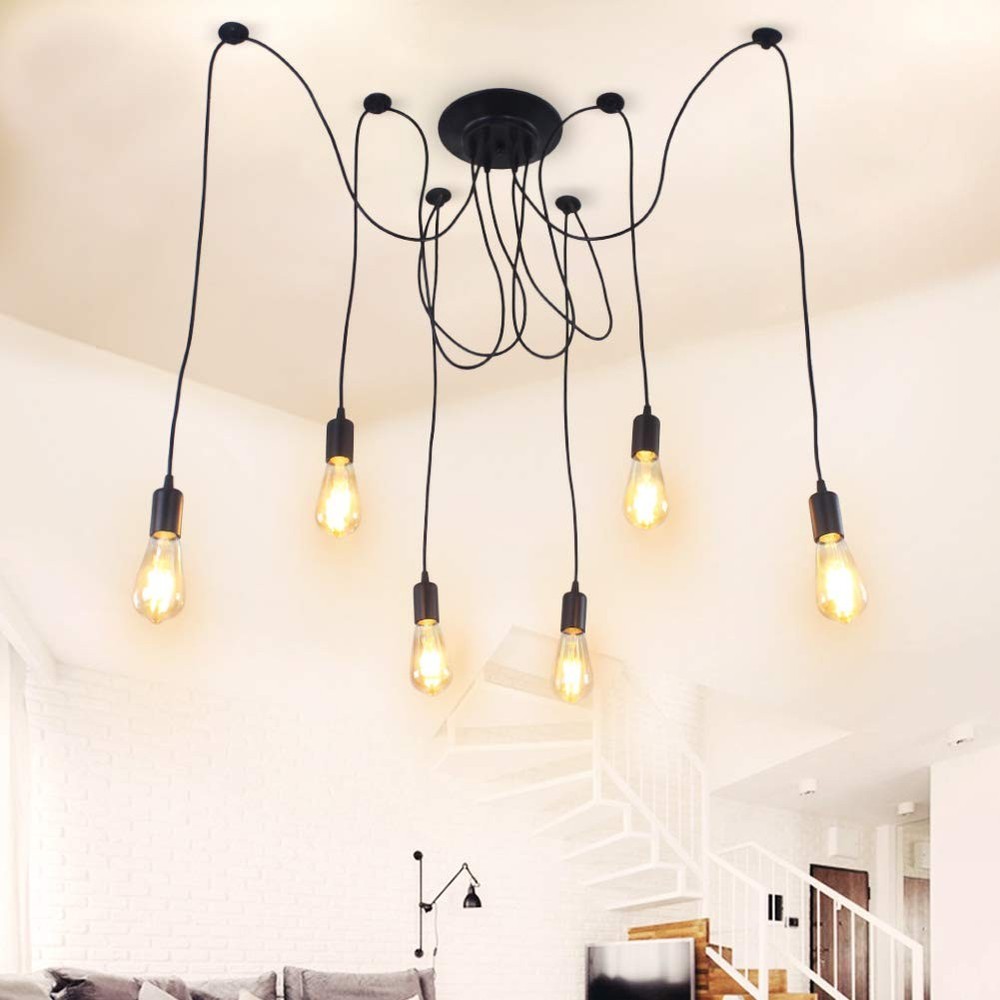 8-Light Spider Pendant Chandelier, Adjustable 48.4" Cords, E26 Sockets, Black...