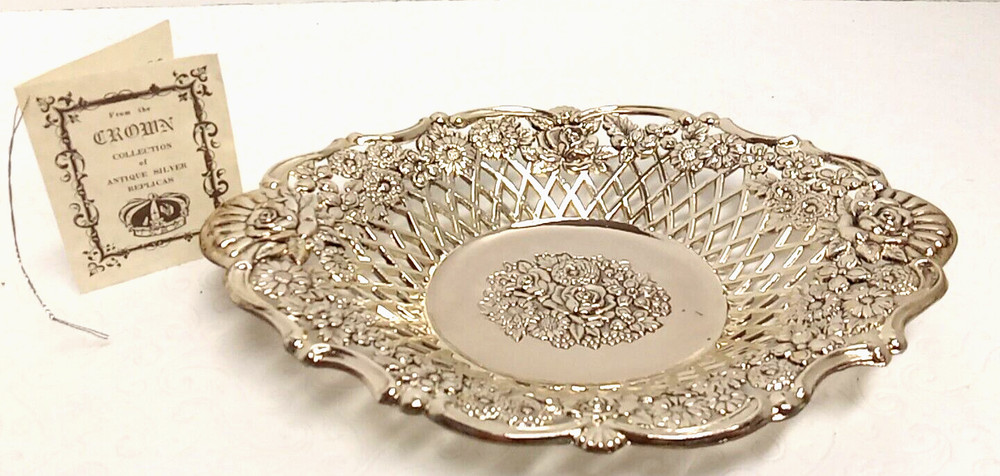 NIB Silverplate Oval Bon Bon Dish Crown Collection Roses 7.5"x5.5"x1"