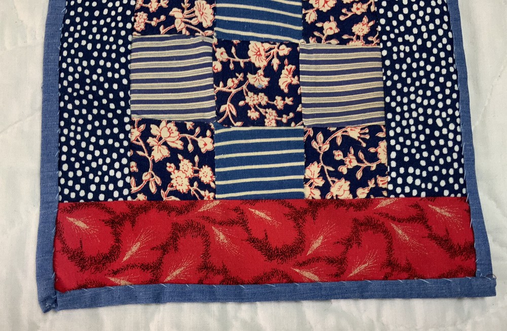 Vintage Patchwork Small Quilt Table Topper Or Doll Quilt, Nine Patch, Navy, Red