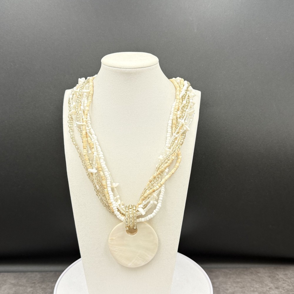 Vintage Cream Shell Disc Multi-Strand Bead Necklace Boho Statement