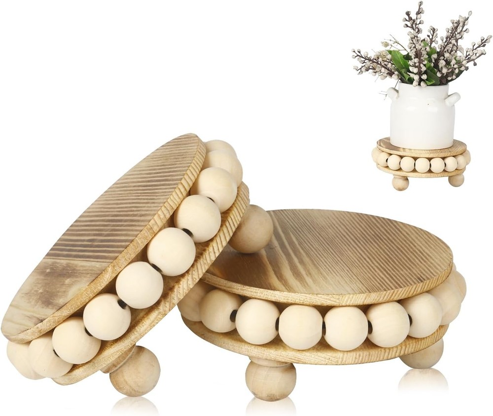 2Pcs Wood Risers for Display Decorative,Round Beaded Riser Distressed for Decor