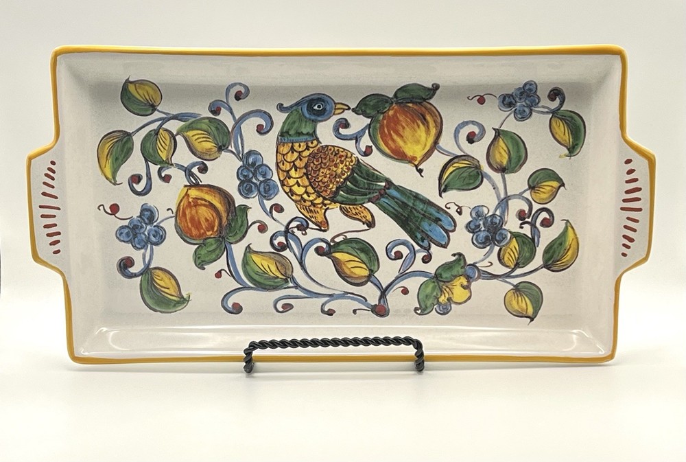 Nova Deruta Bird and Fruit Handled Rectangular Tray Made in Italy