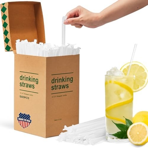 500 Clear Plastic Drinking Straws - 10.2" Individually Wrapped, Disposable, Part