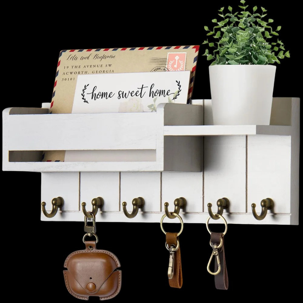 Wall Mounted Key Holder & Mail Organizer Hooks Entryway Key Rack Shelf