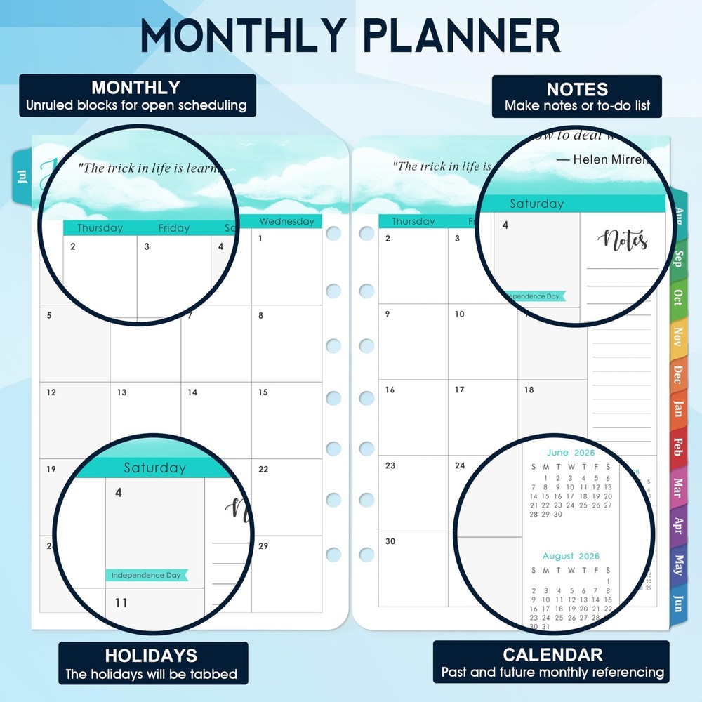 2026-2027 Planner Refills - A5 Inserts with 7-Hole Punched, A5, Blue