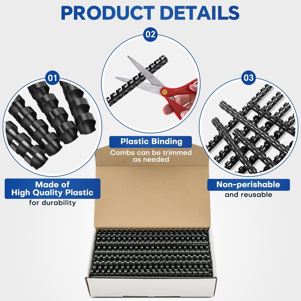 Plastic Binding Combs, 5/8 Inch Diameter,115 Sheet Capacity, Letter Size Black