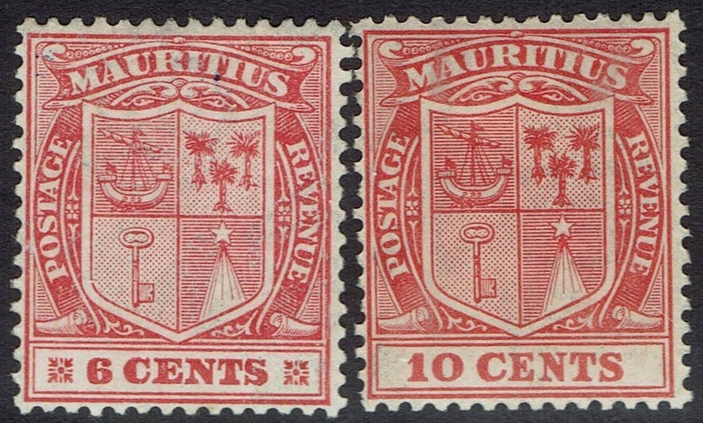 MAURITIUS 1921 ARMS 6C AND 10C WMK MULTI SCRIPT CA