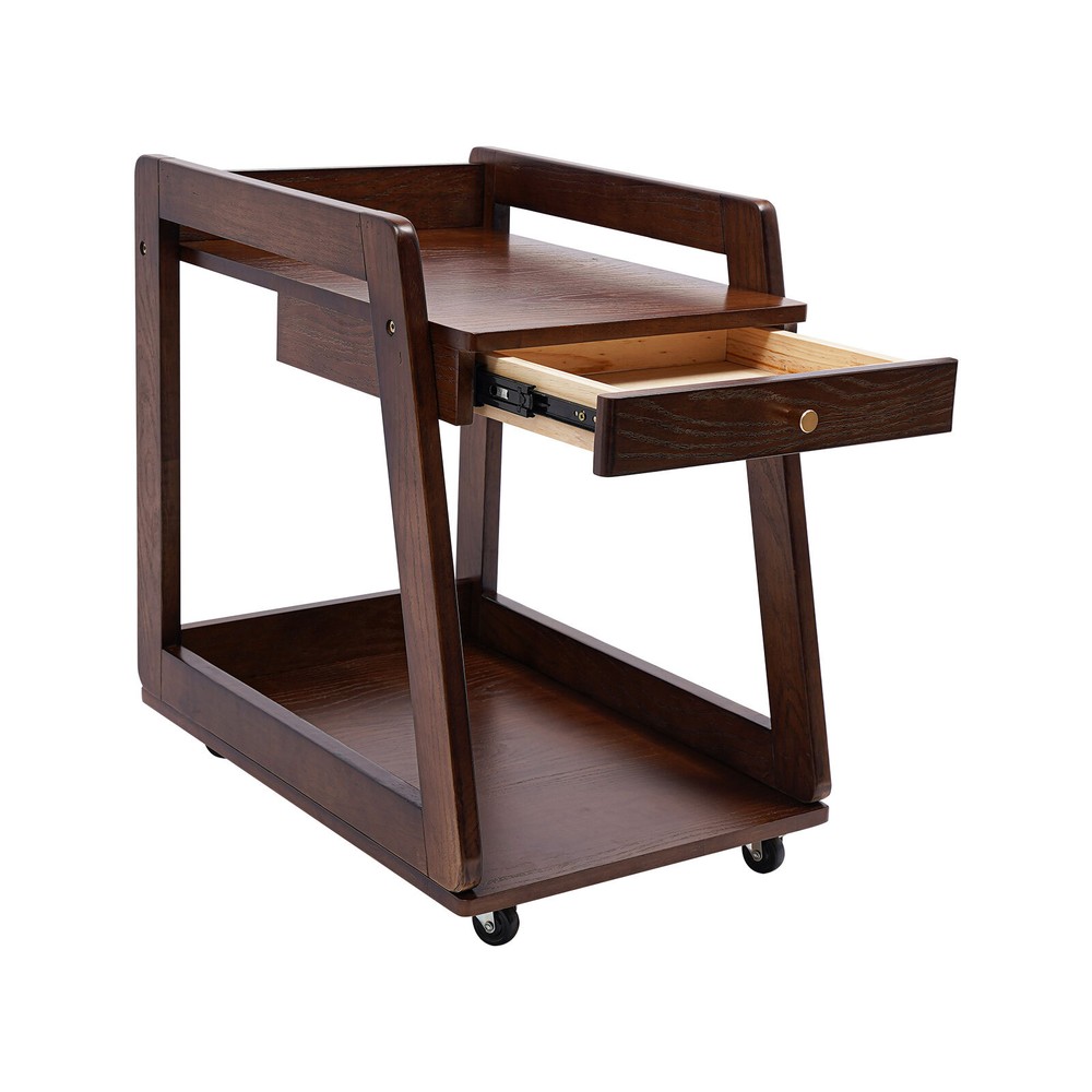 Walnut Retro Wood End Table, 2-tier Side Table, Storage Couch Table with Wheels