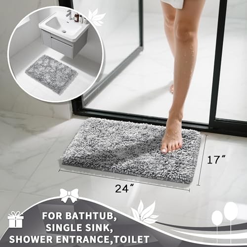 Chenille Bathroom Rugs Non Slip, Extra Solid 24" x 17" Rectangular Light Grey