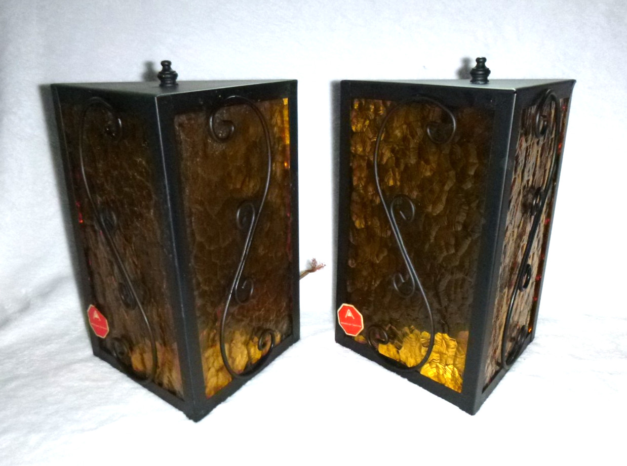 PAIR NOS Vtg 1969 Amber Glass & Black Metal Trianglular Indoor /Outdoor Sconces