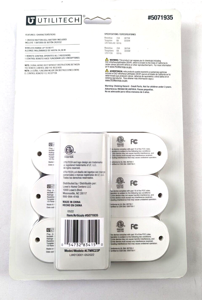 Utilitech Indoor 3-Piece Wireless Outlets with Remote Control - Brand New