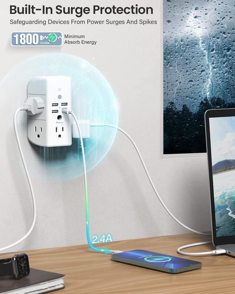 Wall Outlet Extender with Shelf and Night Light Surge Protector Wall Mount