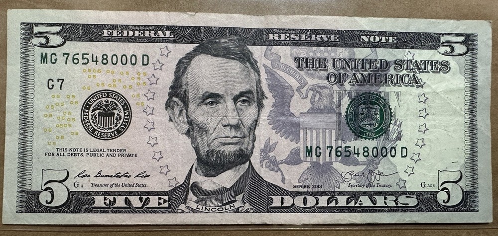 $5 BILL DESCENDING LADDER HEAVY INK USAGE AND INK SMEAR ERROR RARE NOTE