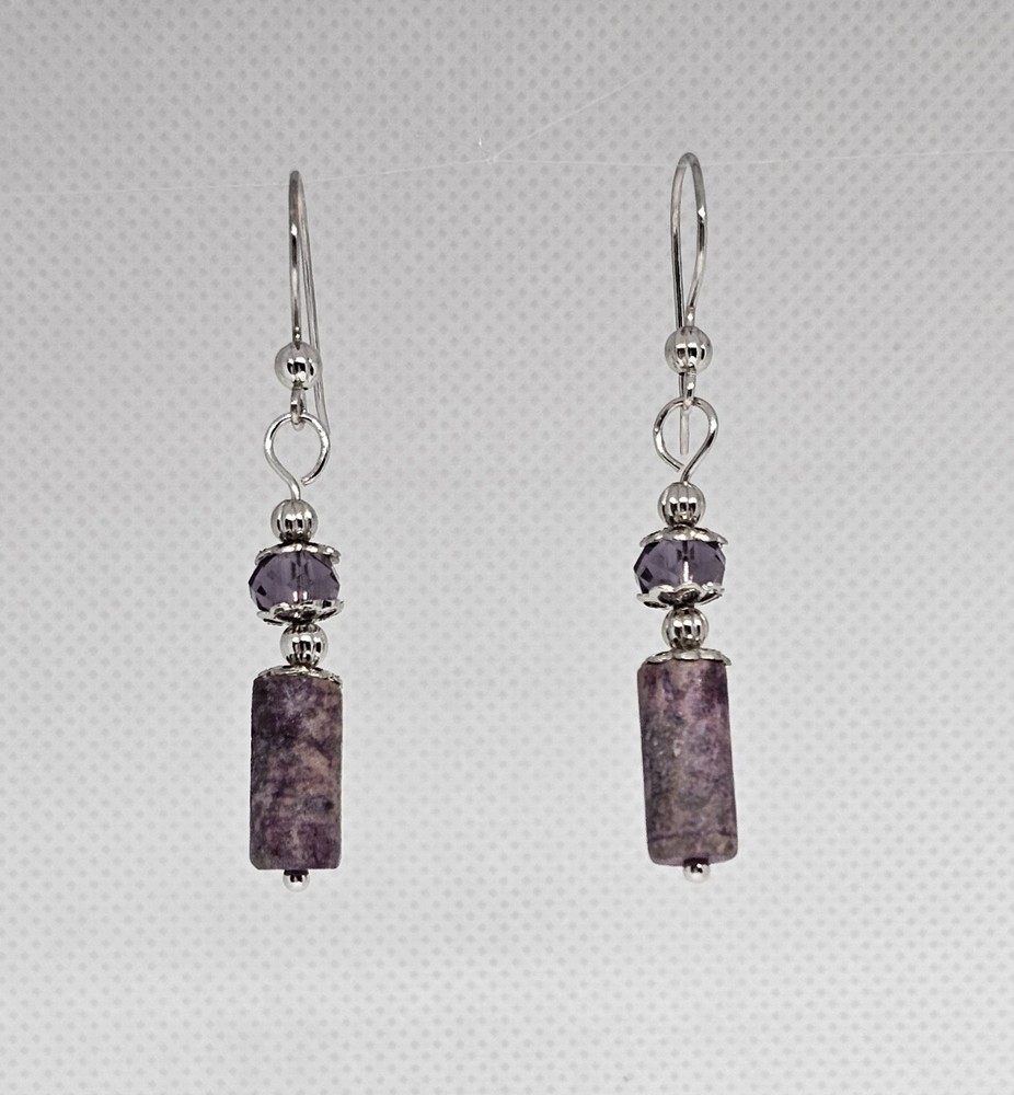 Purple Lepidolite Gemstone Beaded Handmade Silver Dangle Boho Earrings