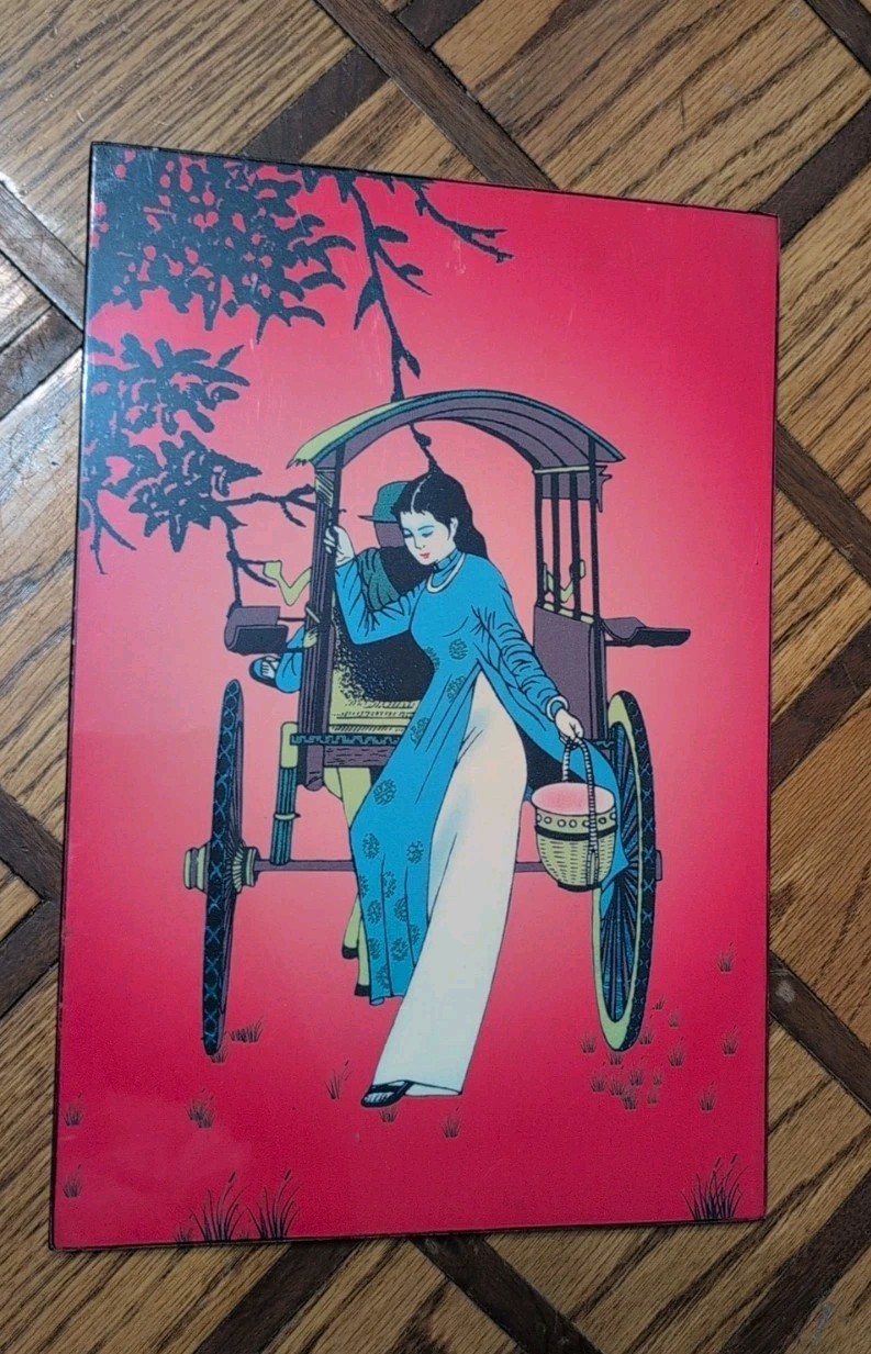 Colorful lacquered wood plaque Vietnamese Woman Rickshaw In 8"By 11.5