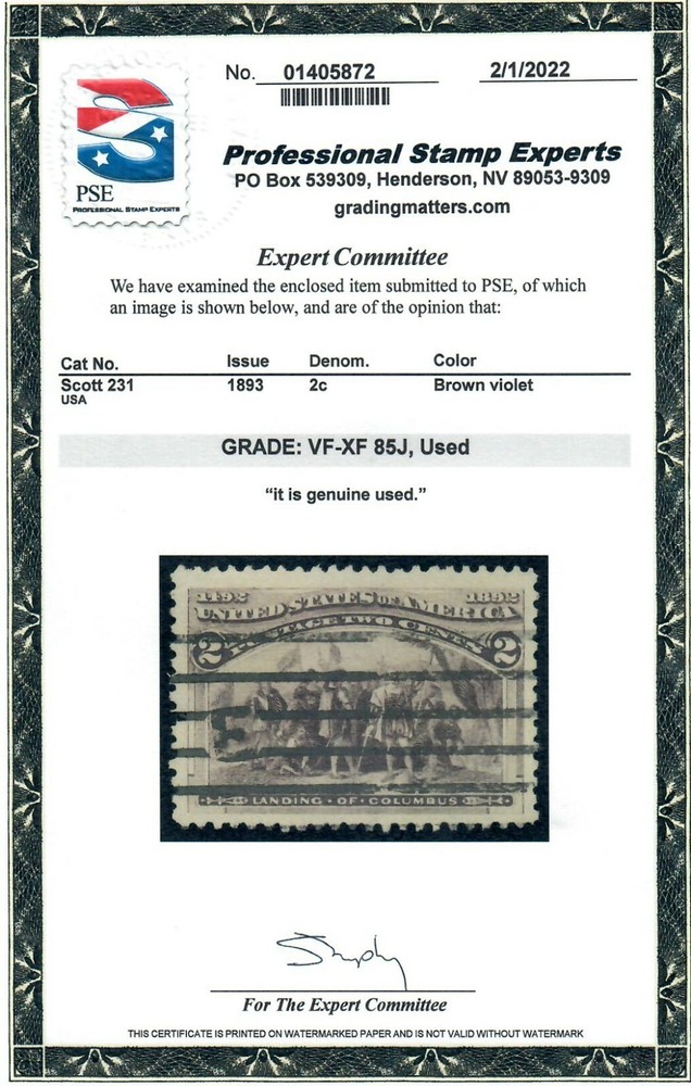 Scott 231 Premium Example PSE Graded VF-XF 85J