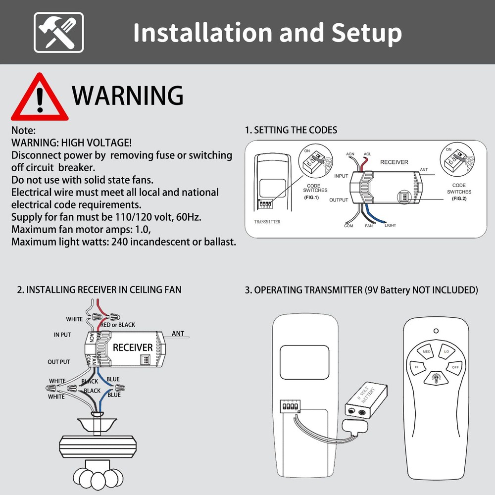 Universal Ceiling Fan Remote Control Kit Replacement for Harbor Breeze Hampto...