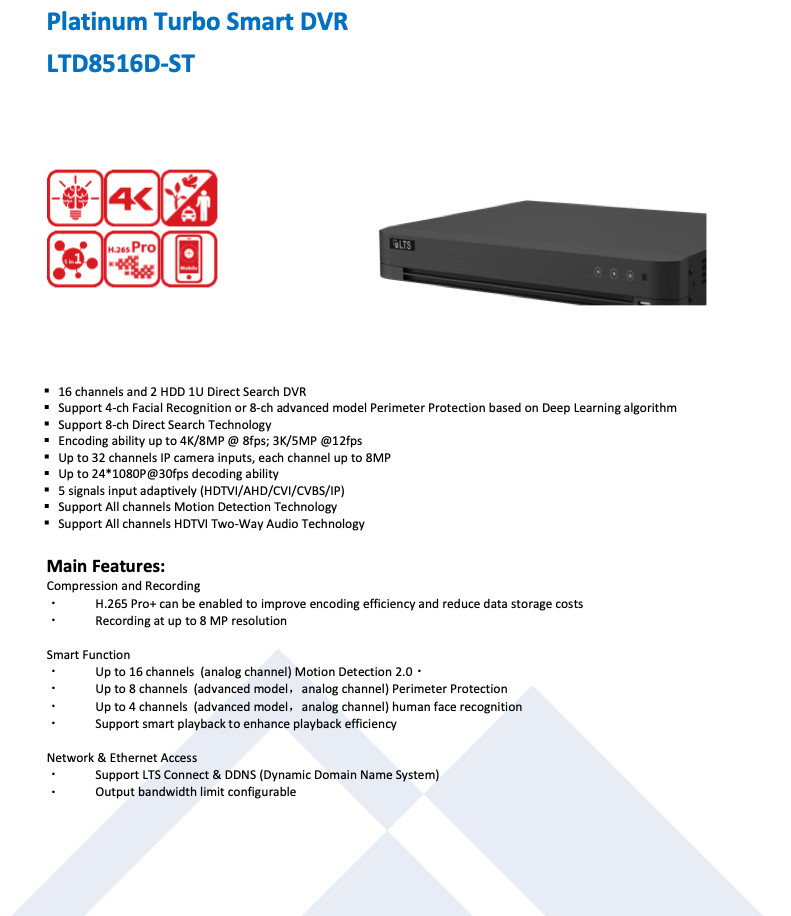 LTD8504D-ST 4CH 4K/8MP TVI/AHD/CVI/CVBS + 4CH IP Up to 4K/8MP Direct Search DVR