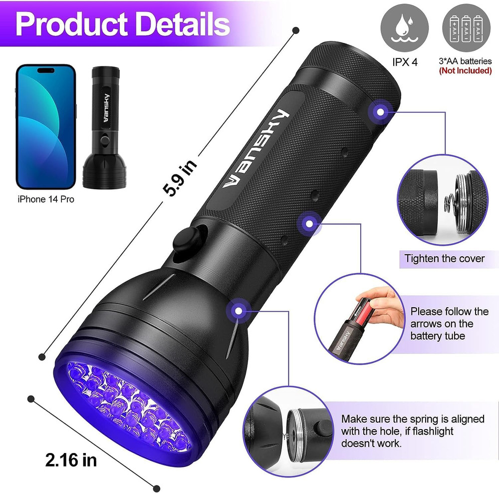 UV Flashlight Black Light, 51 LED Blacklight Pet Urine Detector