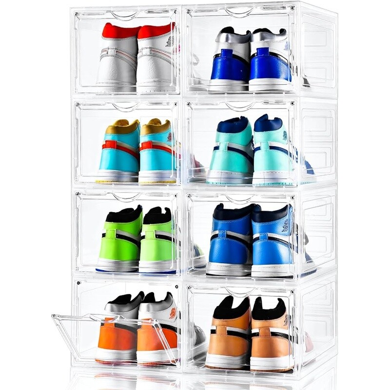 Clear Plastic Shoe Storage Box 8 Pack Stackable Organizer W/ Drop Front Design
